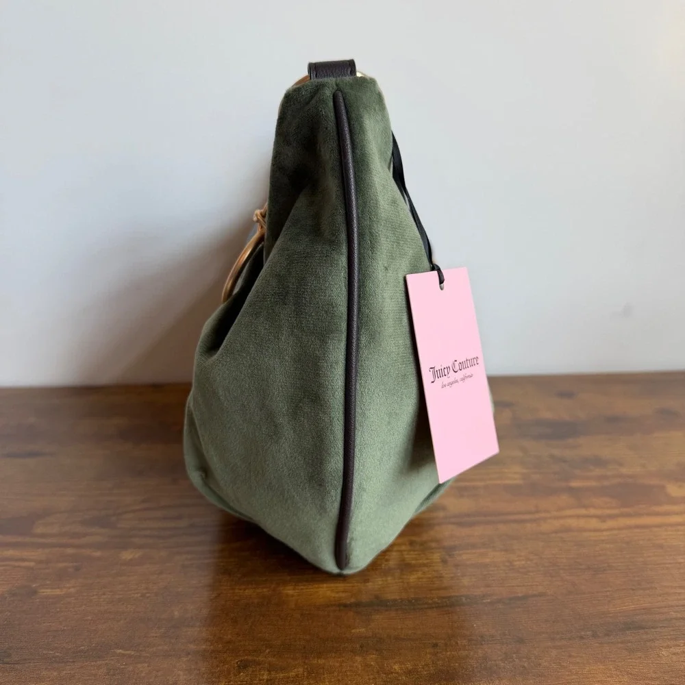 New Juicy Couture Need More Green Brown Shoulder Hobo Handbag Wristlet Set Y2K